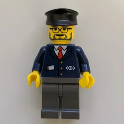Train Worker, Blue Jacket with Train Logo, Black Hat, Beard and Glasses