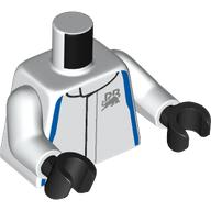 Lego Torso, Racing Suit, Blue Lines, Silver Bull print, White Arms, Black Hands / White