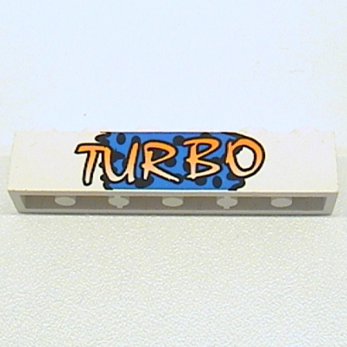 Lego Brick 1 x 6 with Yellow 'TURBO' on Blue Background and Black Spots Print / White