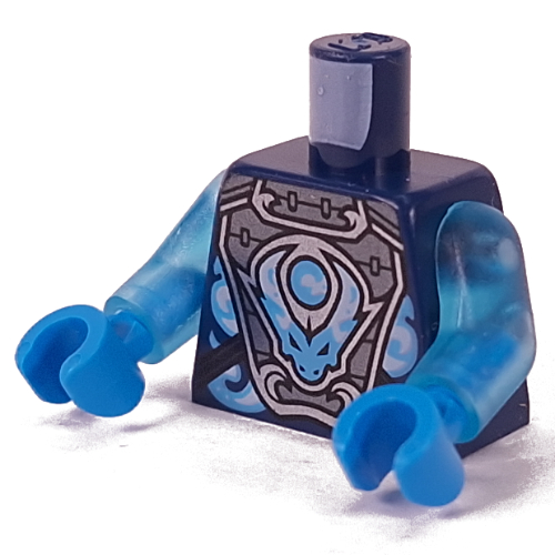 Lego Torso, Silver Armour, White/Bright Light Blue Dragon print, Trans-Light Blue Arms, Dark Azure Hands / Dark Blue
