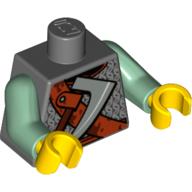 Lego Torso Armor, Chain Mail and Leather Shoulder Belt with Axe Print, Sand Green Arms, Yellow Hands / Dark Bluish Gray