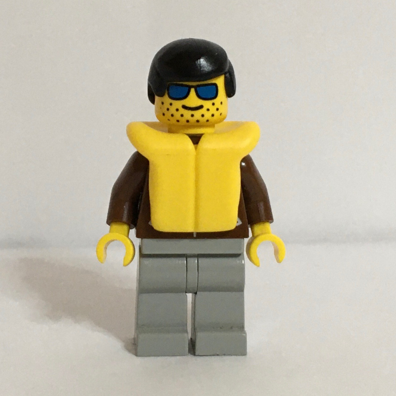 Lego Man, Brown Jacket, Light Gray Legs, Black Hair, Yellow Life Vest, Blue Sunglasses