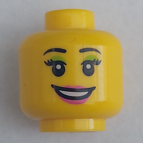 Lego Minifig Head, Peach Lips, Open Mouth Smile, Black Eyebrows, Light Green Mascara Print / Yellow