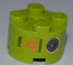 Brick, Round 2 x 2 with Axle Hole with 'FUEL WARNING' and Rusted Filler Cap Pattern (Sticker) - Set 8707