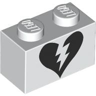 Lego Brick 1 x 2 with Black Broken Heart print / White
