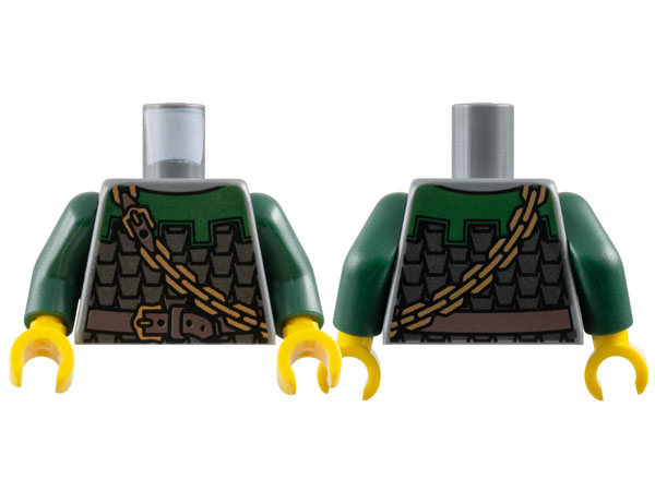 Lego Torso Castle Kingdoms Dark Silver Scale Mail Armor with Dark Green Collar, Dark Brown Belt with Gold Buckle, Chain Pattern / Dark Green Arms / Yellow Hands