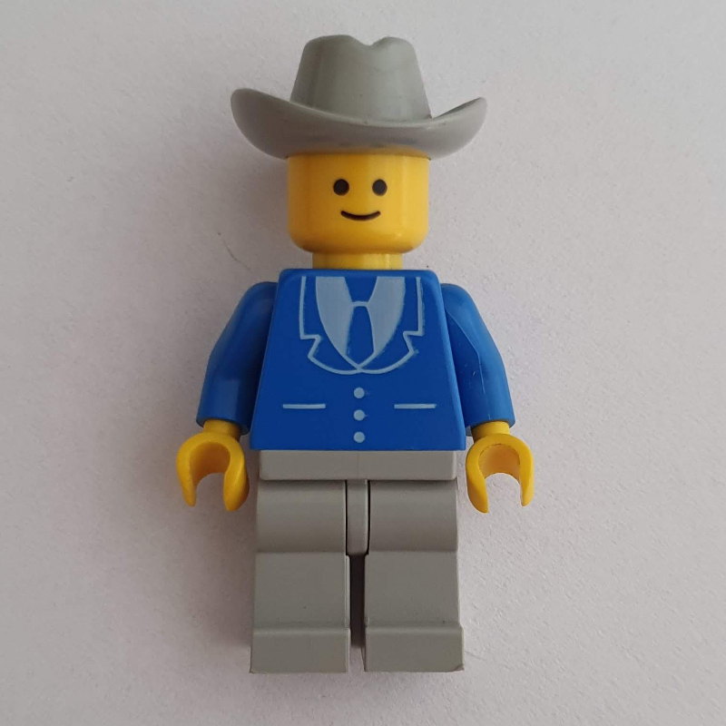Lego Man, Blue Jacket with Tie and Three Buttons, Light Gray Legs, Light Gray Cowboy Hat (3626b Head)