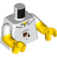 Lego Torso, Dual Molded Arms with White Shirt, Reddish Brown Stains print, White Sleeves Pattern, Yellow Arms and Hands / White