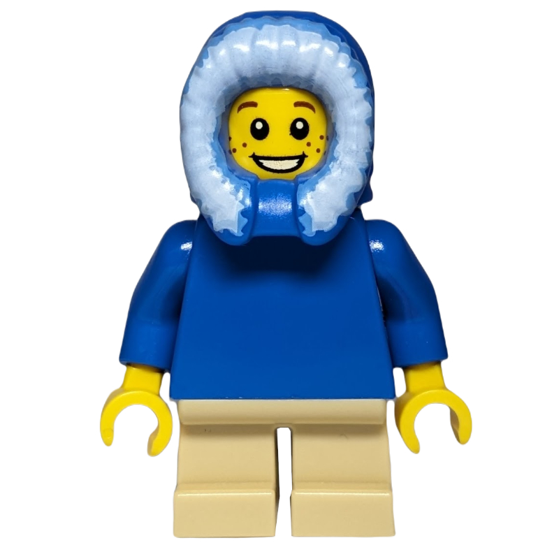 Lego Boy, Plain Blue Torso, Short Tan Legs, Hood