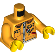 Lego Torso Jacket, White Zipper, Reddish Brown Collar, Animal Spots Pockets, Badges Print, Bright Light Orange Arms, Yellow Hands / Bright Light Orange