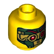 Minifig Head Nya (Samurai X), Eyebrows, Eyelashes, Brown Lips / Green and Gold Mask, Red Eyes and Eyebrows Print / Yellow