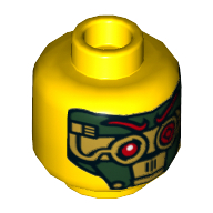 Lego Minifig Head Nya (Samurai X), Eyebrows, Eyelashes, Brown Lips / Green and Gold Mask, Red Eyes and Eyebrows Print / Yellow