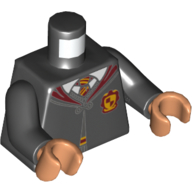 Lego Torso Robes with Dark Red Collar and Gryffindor Crest, Closed over Shirt and Tie Print, Black Arms, Nougat Hands / Black