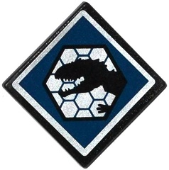 Lego Road Sign 2 x 2 Square with Open O Clip with Indominus rex Head in Black Hexagon on Dark Blue Background Pattern (Sticker) - Set 75919