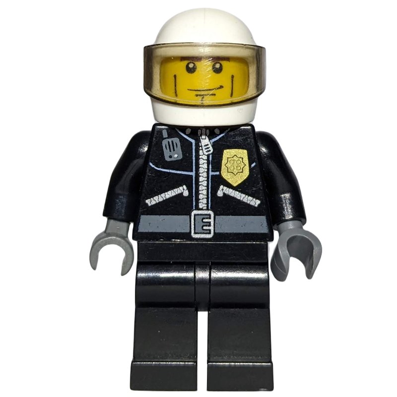 Lego Policeman, Black Jacket with Zipper, Radio, Badge, and 'POLICE' on Back, White Helmet with Visor