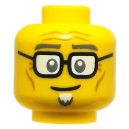 Minifig Head Mailman, Dark Bluish Grey Eyebrows, White Goatee, Black Glasses, Wrinkles / Yellow
