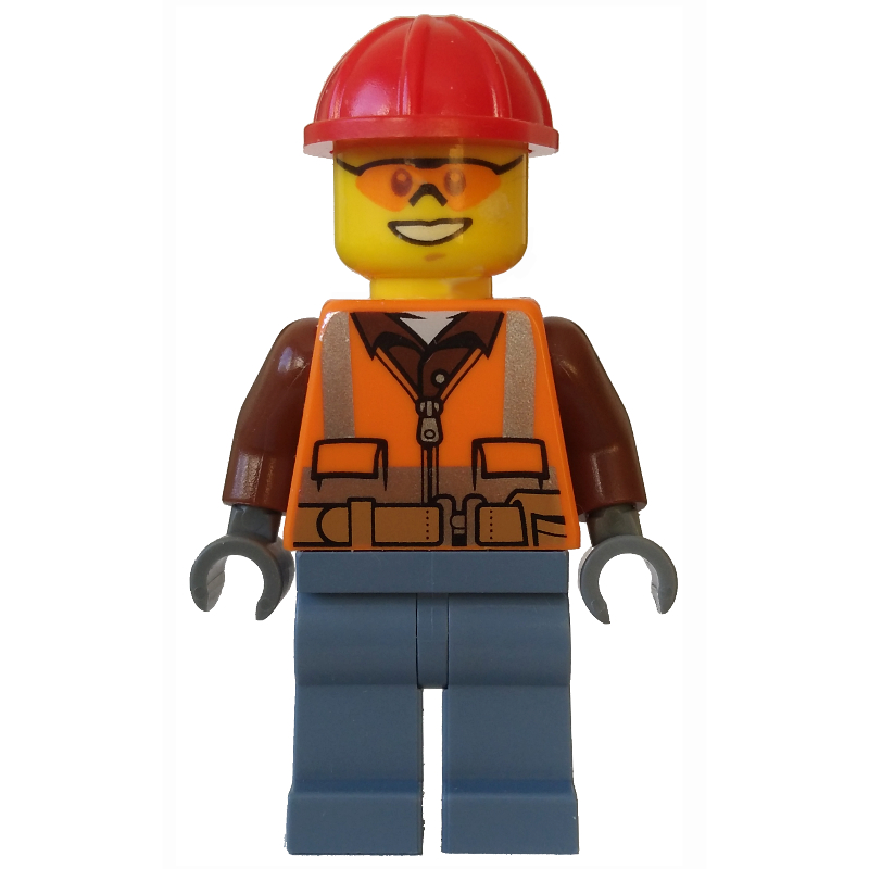 Lego Lumberjack, Orange Safety Vest with Zipper over Reddish Brown Shirt, Sand Blue Legs, Red Hard Hat, Orange Safety Glasses