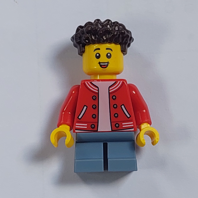 Lego Boy, Red Jacket, Short Sand Blue Legs, Dark Brown Hair