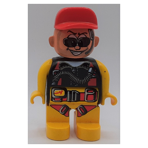 Lego Duplo Figure, Early, Cap Red, Yellow Legs, with Yellow/Black/Red Parachute, Beard, Sunglasses and Headphones Print (Action Wheeler) / Yellow