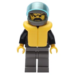 Man, Open Black Jacket over Red Shirt, Light Gray Legs, Helmet and Visor, Yellow Life Vest