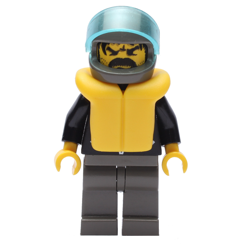 Lego Man, Open Black Jacket over Red Shirt, Light Gray Legs, Helmet and Visor, Yellow Life Vest