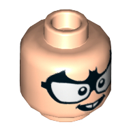 Lego Minifig Head Bat-Mite, with Black Bat Glasses, Open Mouth Smile with Two Teeth Print / Light Nougat