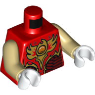 Lego Torso Vest with Dark Red and Gold Armor with Scales and Fire Chi Emblem Print, Tan Arms, White Hands / Red