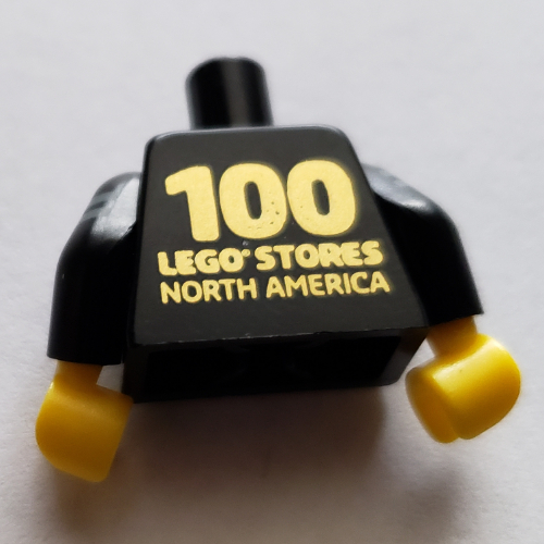 Lego Torso Shirt with Name Tag, Light Bluish Gray Stripes / '100 LEGO Stores North America' on Back Print, Black Arms, Yellow Hands / Black