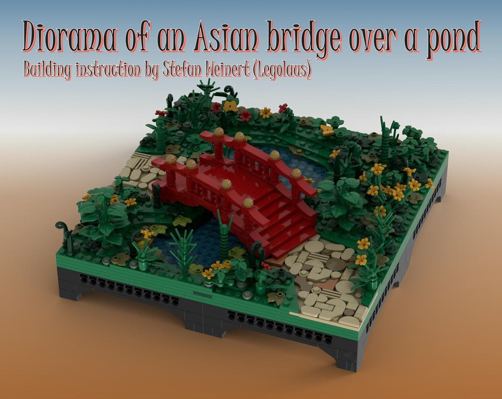 Lego Diorama of an asian bridge over a pond