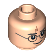 Lego Minifig Head Harry Potter, Dual Sided, Glasses, Lightning Bolt Scar, Frowning / Smiling Print [Blocked Open Stud] / Light Nougat
