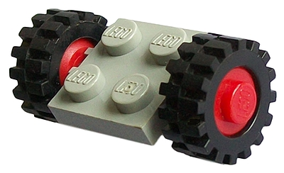Lego Plate, Modified 2 x 2 with Red Wheels with Black Tires 15mm D. x 6mm Offset Tread Small (122c01 / 3641)