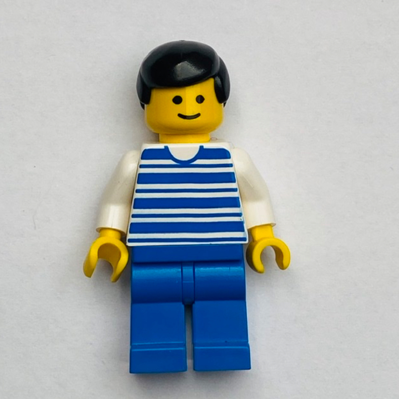 Lego Man, White and Blue Striped Shirt, Blue Legs, Black Hair