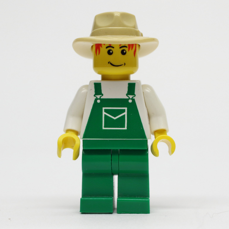 Lego Man, Green Overalls, Tan Wide Brim Hat