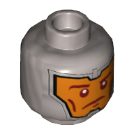 Lego Minifig Head Royal Guard / Soldier, Balaclava, Orange Face, Dark Red Eyebrows and Cheek Lines, Determined / Raised Eyebrow Print / Flat Silver