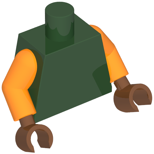 Lego Torso Tunic, Skull with Crossed Swords, Red Belt Print, Orange Arms, Reddish Brown Hands / Dark Green