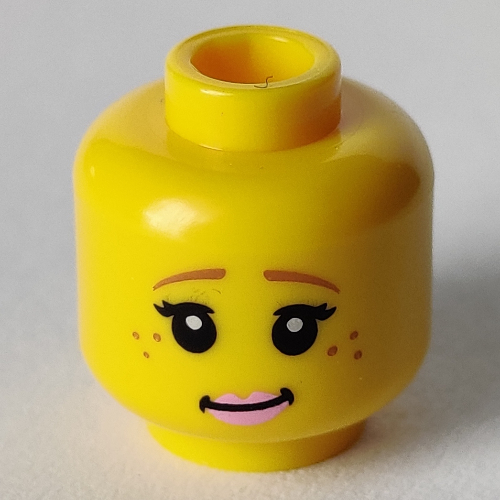 Lego Minifig Head Unicorn Girl, Brown Eyebrows, Black Eyelashes, Freckles and Pink Lips Print [Hollow Stud] / Yellow