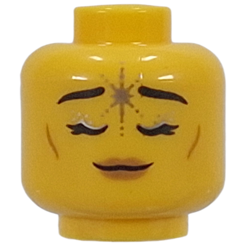 Lego Minifig Head Unicorn Elf, Cheek Lines, Nougat Lips, Neutral / Closed Eyes, Silver Star / Yellow