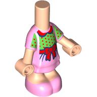Lego Microdoll Body Short Dress Bright Pink with Green Shirt, Red Dots, Bow print, Light Nougat Arms and Legs / Light Nougat