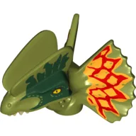 Animal Body Part, Dinosaur, Dilophosaurus Head with Dark Green, Dark Red and Yellow Markings Print / Olive Green