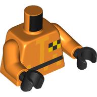 Lego Torso, Pixelated Hazmat Suit, Black Belt, Yellow/Black Checkered Badge print, Orange Arms, Black Hands / Orange