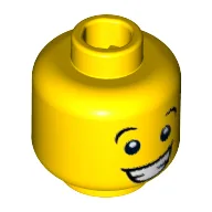 Minifig Head Jester, Brown Eyebrows, Wide Eyes and Smile with Teeth Print [Hollow Stud] / Yellow