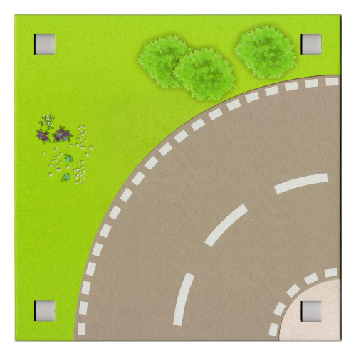 Lego Baseplate with 4 Square Corner Holes and Curved Road / Garden with Fence Print / [No Color/Any Color]