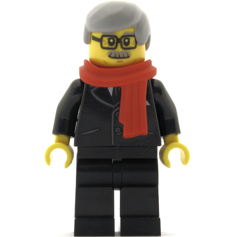 Lego Man, Black Suit with Tie, Red Scarf, Light Bluish Gray Hair, Moustache and Glasses