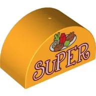 Duplo Brick 2 x 4 x 2 Curved Top with Plate of Food and 'SUPER' Print / Bright Light Orange