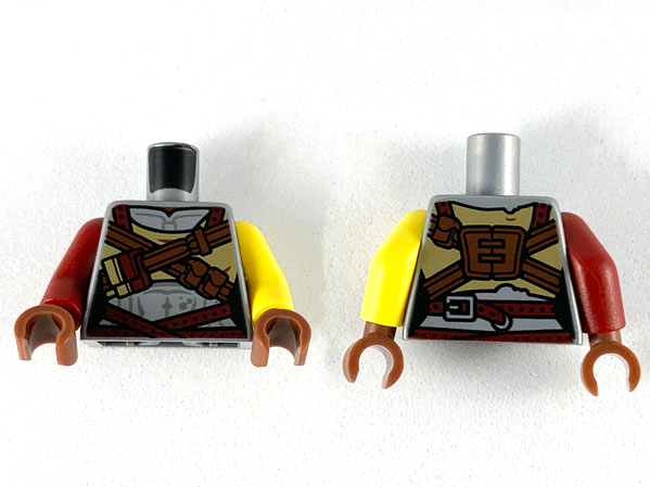 Lego Torso Female Muscles Outline, Reddish Brown Cross Straps, Dark Red Belt Pattern / Yellow Arm Left / Dark Red Arm Right / Reddish Brown Hands