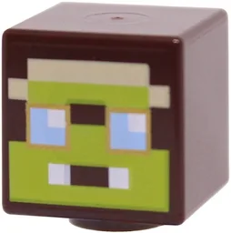 Minifigure, Head, Modified Cube with Pixelated Tan Helmet, Lime Face, Bright Light Blue Goggles with Gold Rims, White Eyes and Mouth Highlights Pattern (Minecraft Aeronaut)