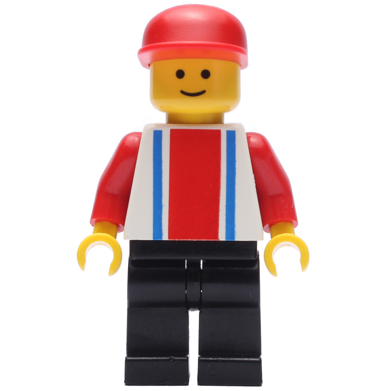 Lego Man - White Torso with Blue/Red Stripes, Black Legs, Red Cap