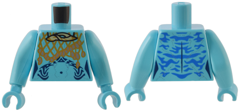 Lego Torso Na'vi with Dark Blue Markings, Tan Shell, Medium Nougat Net with Silver Beads Pattern / Medium Azure Arms Long / Medium Azure Hands