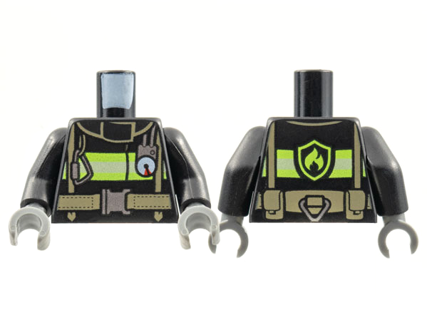 Lego Torso Fire Uniform Jacket with Reflective Stripes and Logo on Back, Dark Tan Utility Belt and Straps, Silver Buckle, Carabiner, and Gauge Pattern / Black Arms / Dark Bluish Gray Hands