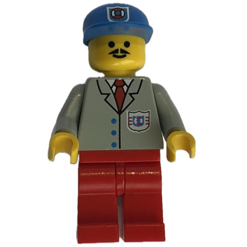 Lego Coast Guard, Light Gray Shirt with Red Tie and Badge, Blue Cap with Badge, Moustache